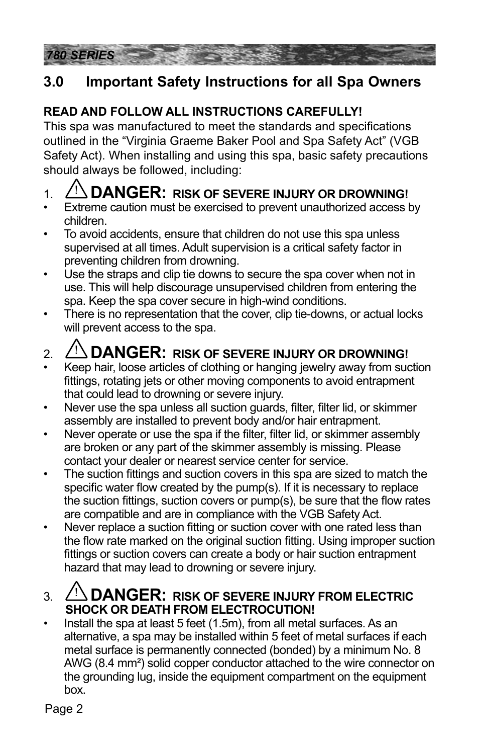 0 important safety instructions for all spa owners, Important safety instructions for all spa owners, Danger | Sundance Spas CAMDEN 780 User Manual | Page 6 / 72