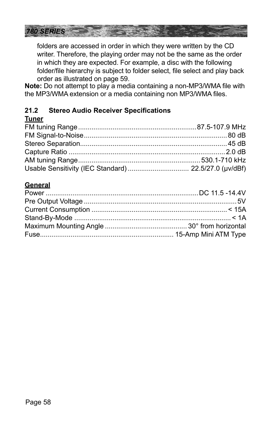 2 stereo audio receiver specifications | Sundance Spas CAMDEN 780 User Manual | Page 62 / 72