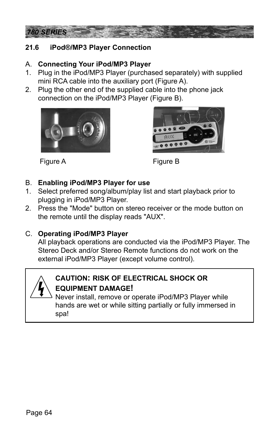 6 optional ipod/mp3 player connection, 6 ipod®/mp3 player connection | Sundance Spas CAMDEN 780 User Manual | Page 68 / 72