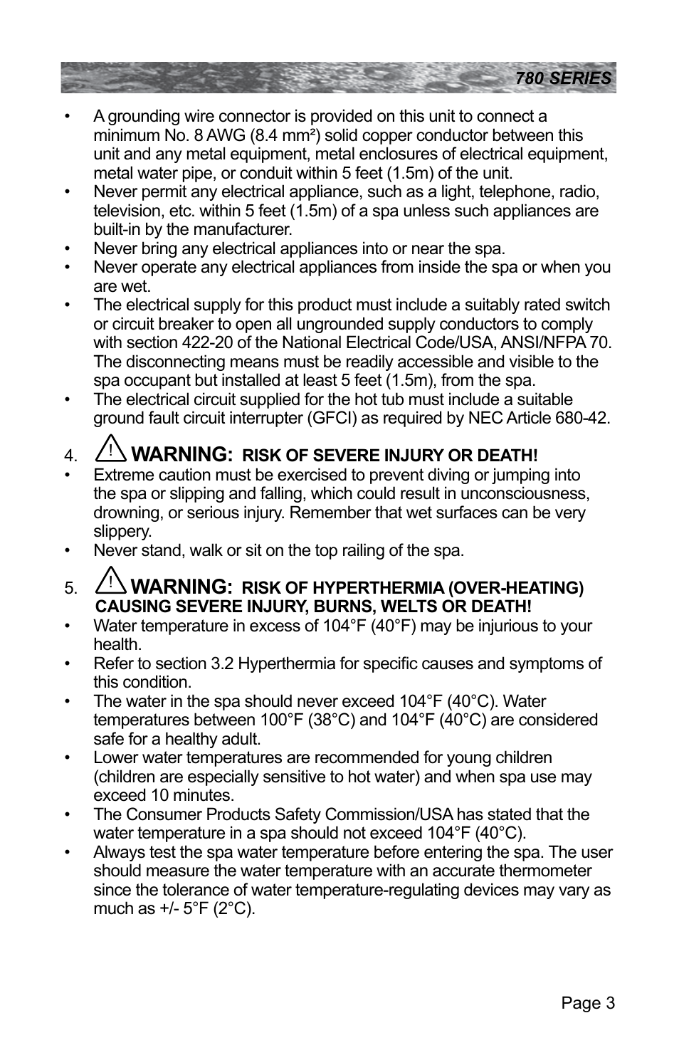Warning | Sundance Spas CAMDEN 780 User Manual | Page 7 / 72