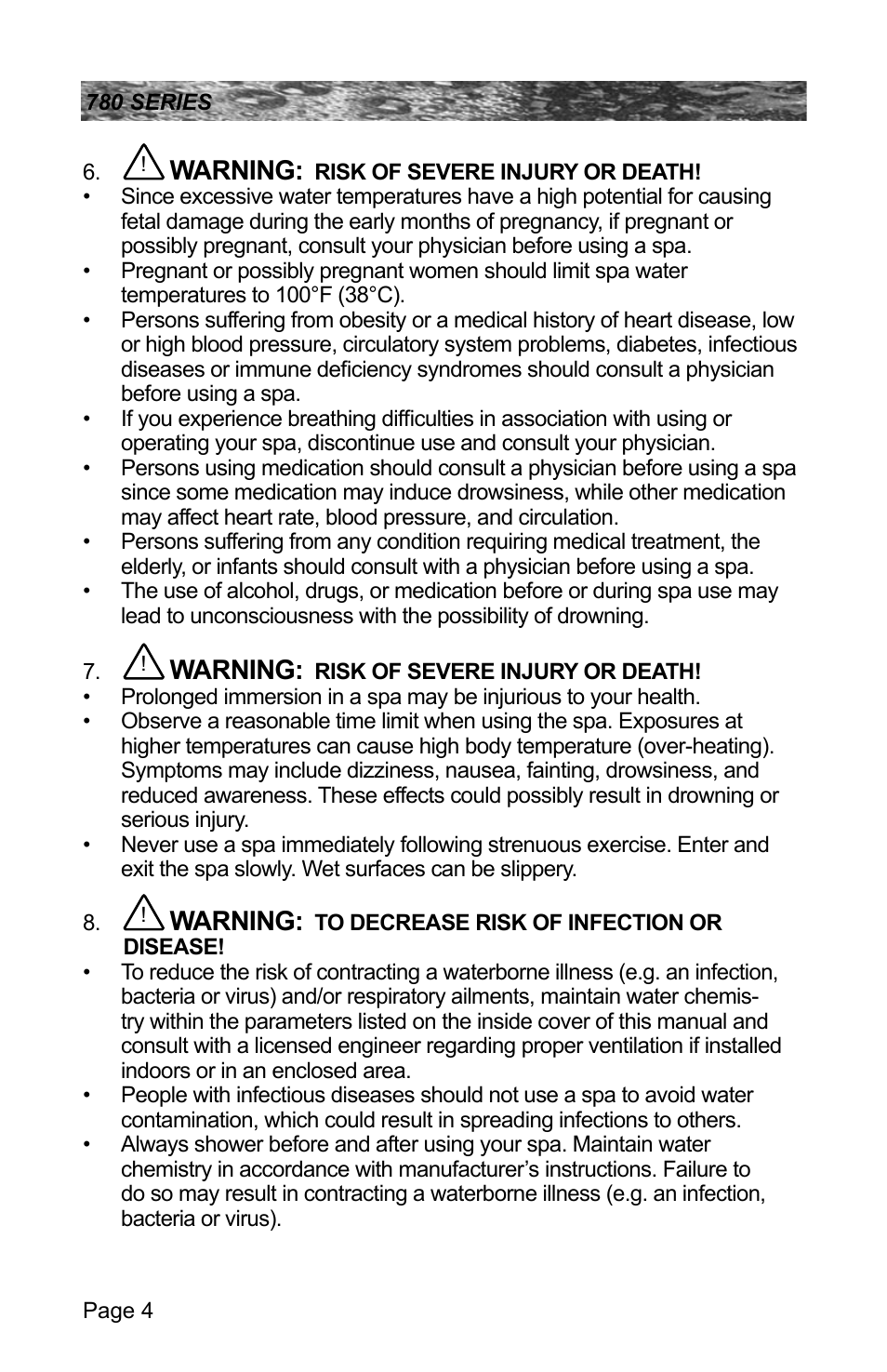 Warning | Sundance Spas CAMDEN 780 User Manual | Page 8 / 72