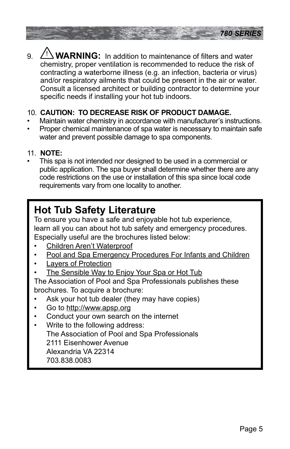 Hot tub safety literature, Warning | Sundance Spas CAMDEN 780 User Manual | Page 9 / 72