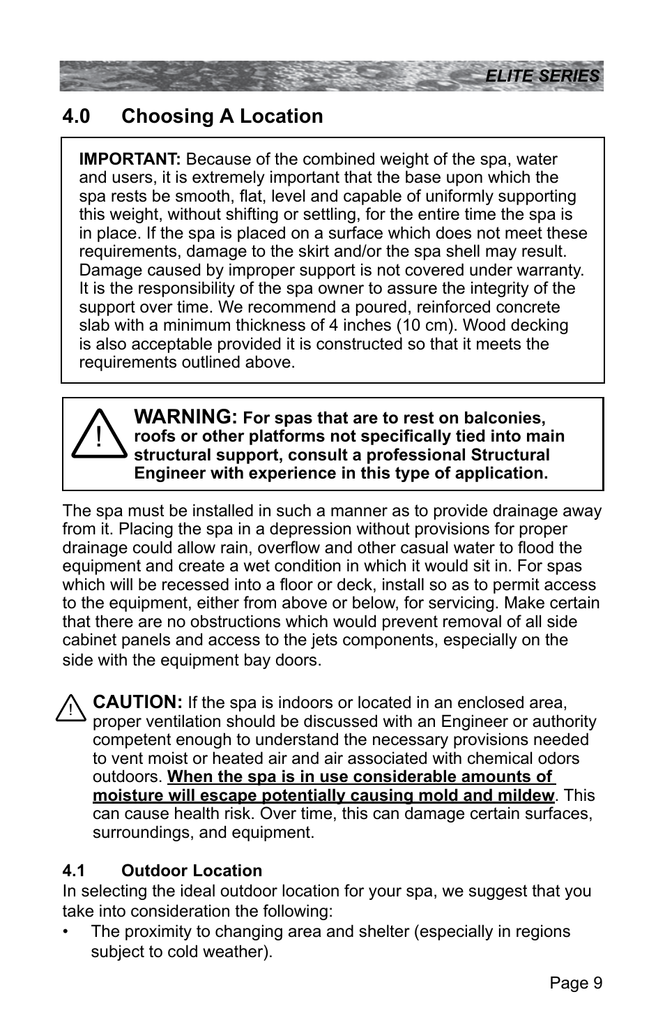 0 choosing a location, 1 outdoor location, Choosing a location | Outdoor location, Warning | Sundance Spas CONSTANCE 6530-512X User Manual | Page 13 / 72