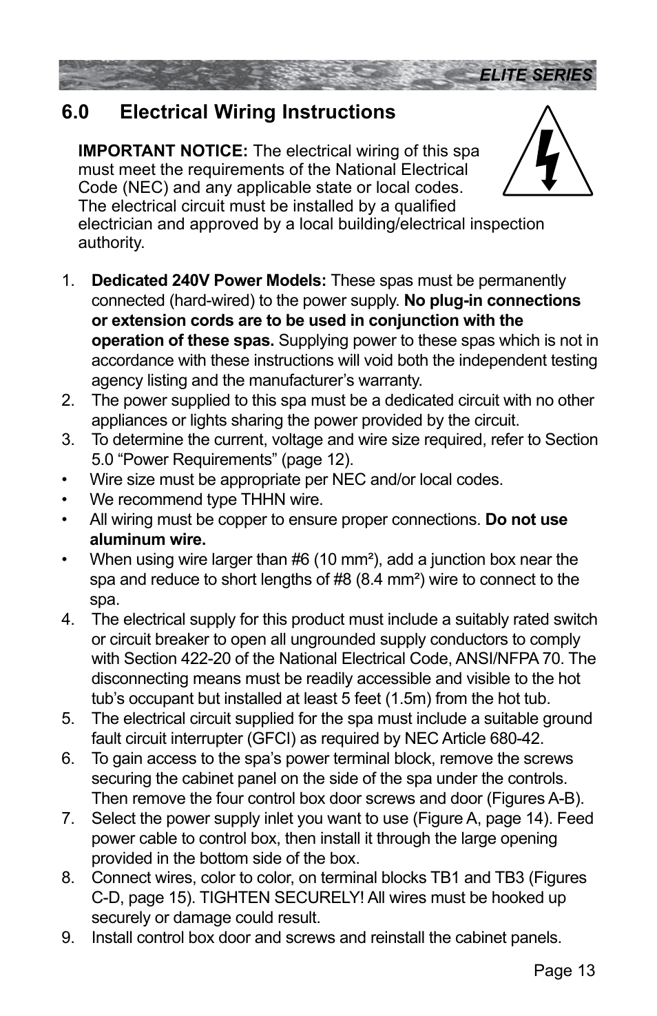 0 electrical wiring instructions, Electrical wiring instructions | Sundance Spas CONSTANCE 6530-512X User Manual | Page 17 / 72