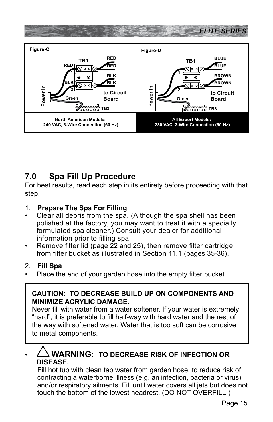 0 spa fill up procedure, Spa fill up procedure, Warning | Page 15 elite series | Sundance Spas CONSTANCE 6530-512X User Manual | Page 19 / 72