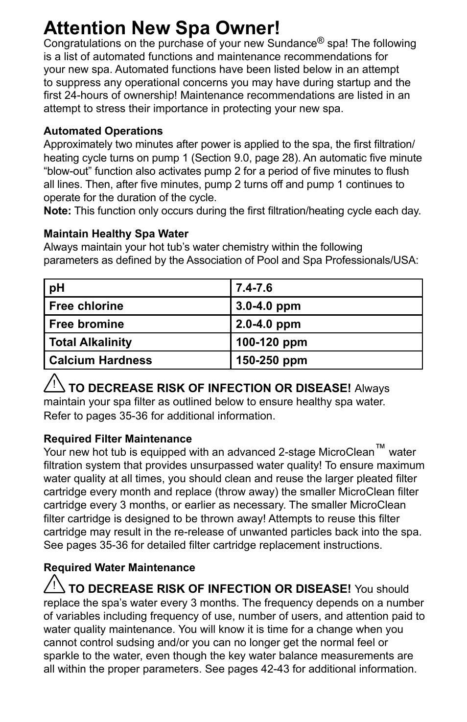 Attention new spa owner | Sundance Spas CONSTANCE 6530-512X User Manual | Page 2 / 72