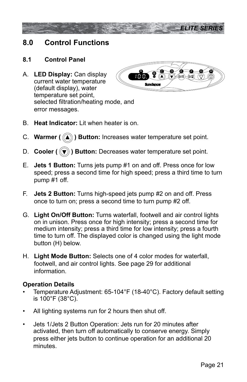 0 control functions, 1 control panel, Control functions | Control panel | Sundance Spas CONSTANCE 6530-512X User Manual | Page 25 / 72