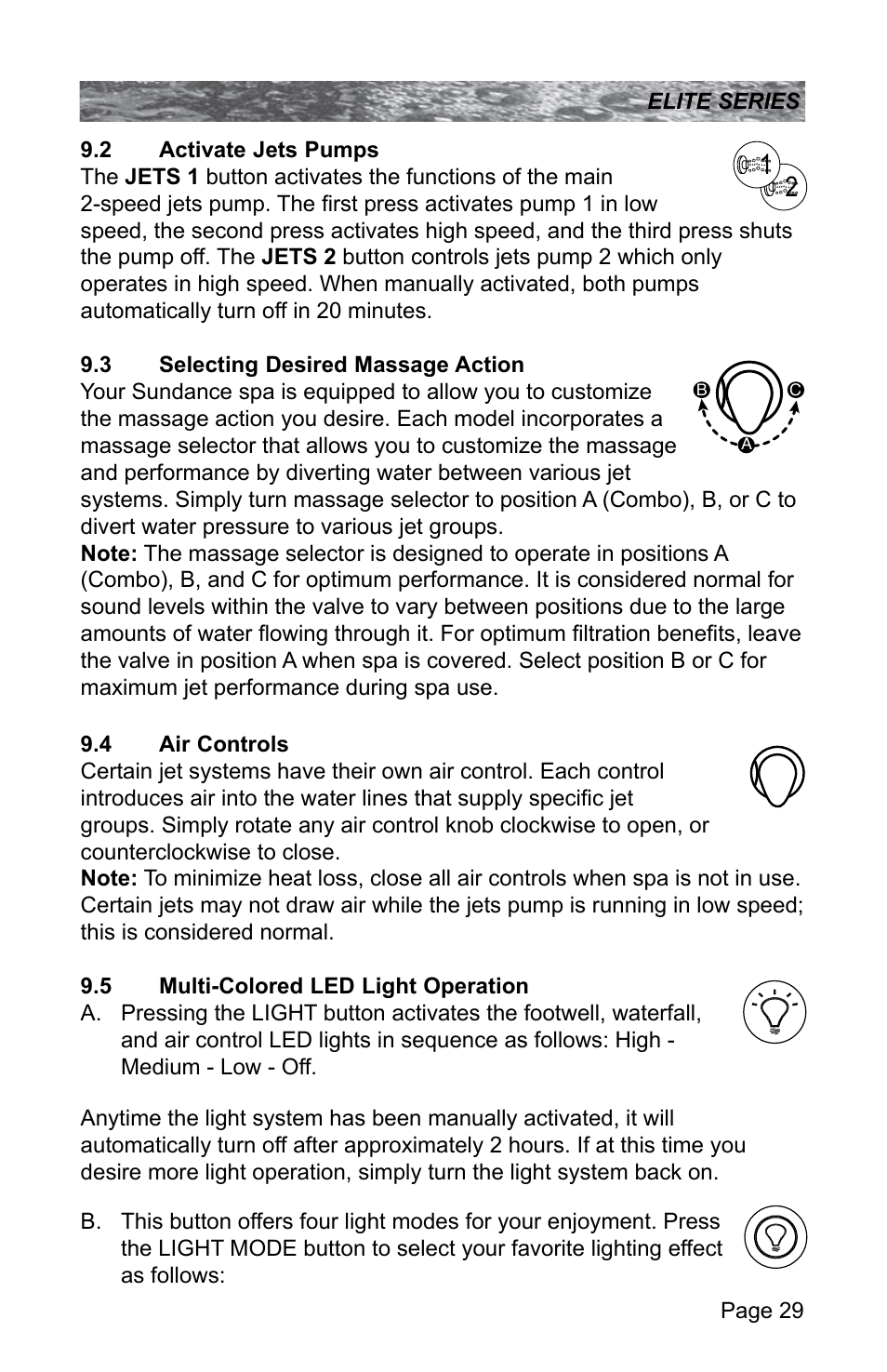 2 activate jets pumps, 3 selecting desired massage action, 4 air controls | 5 multi-colored led light operation, Activate jets pumps, Selecting desired massage action, Air controls, Multi-colored led light operation | Sundance Spas CONSTANCE 6530-512X User Manual | Page 33 / 72