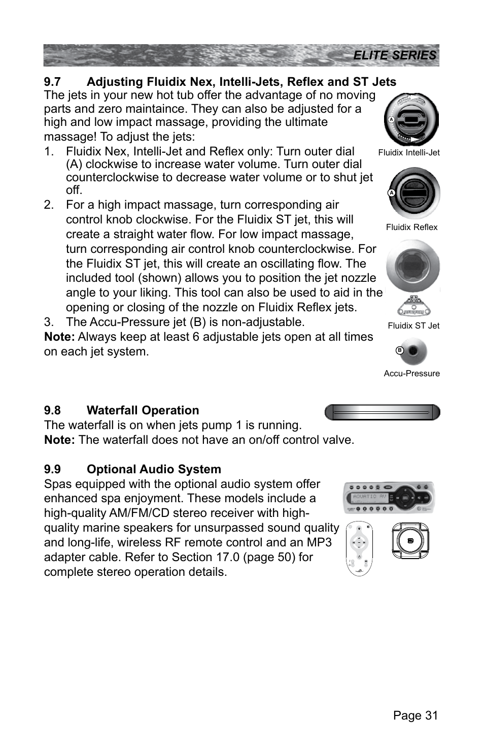 8 waterfall operation, 9 optional audio system, Waterfall operation | Optional audio system | Sundance Spas CONSTANCE 6530-512X User Manual | Page 35 / 72