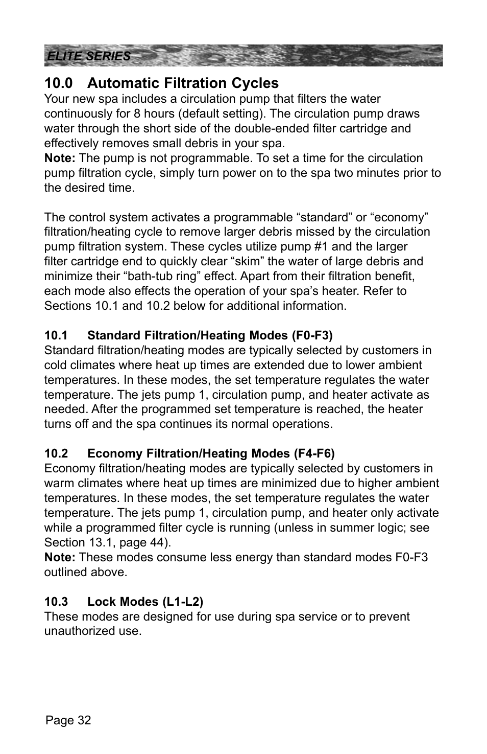 0 automatic filtration cycles, 1 standard filtration/heating modes (f0-f3), 2 economy filtration/heating modes (f4-f6) | 3 lock modes (l1-l2) | Sundance Spas CONSTANCE 6530-512X User Manual | Page 36 / 72