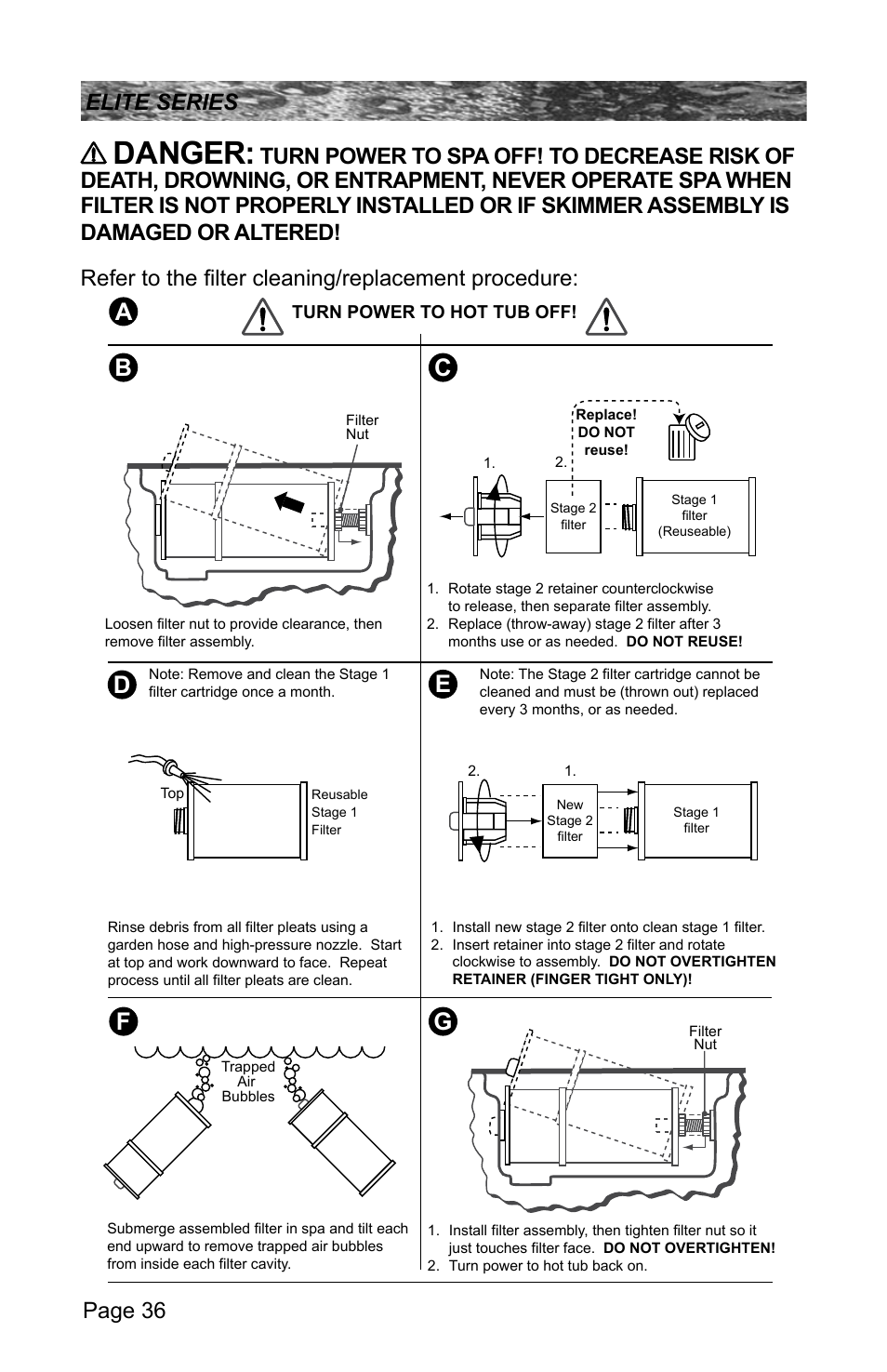 Danger, Ba c f, Page 36 elite series | Sundance Spas CONSTANCE 6530-512X User Manual | Page 40 / 72