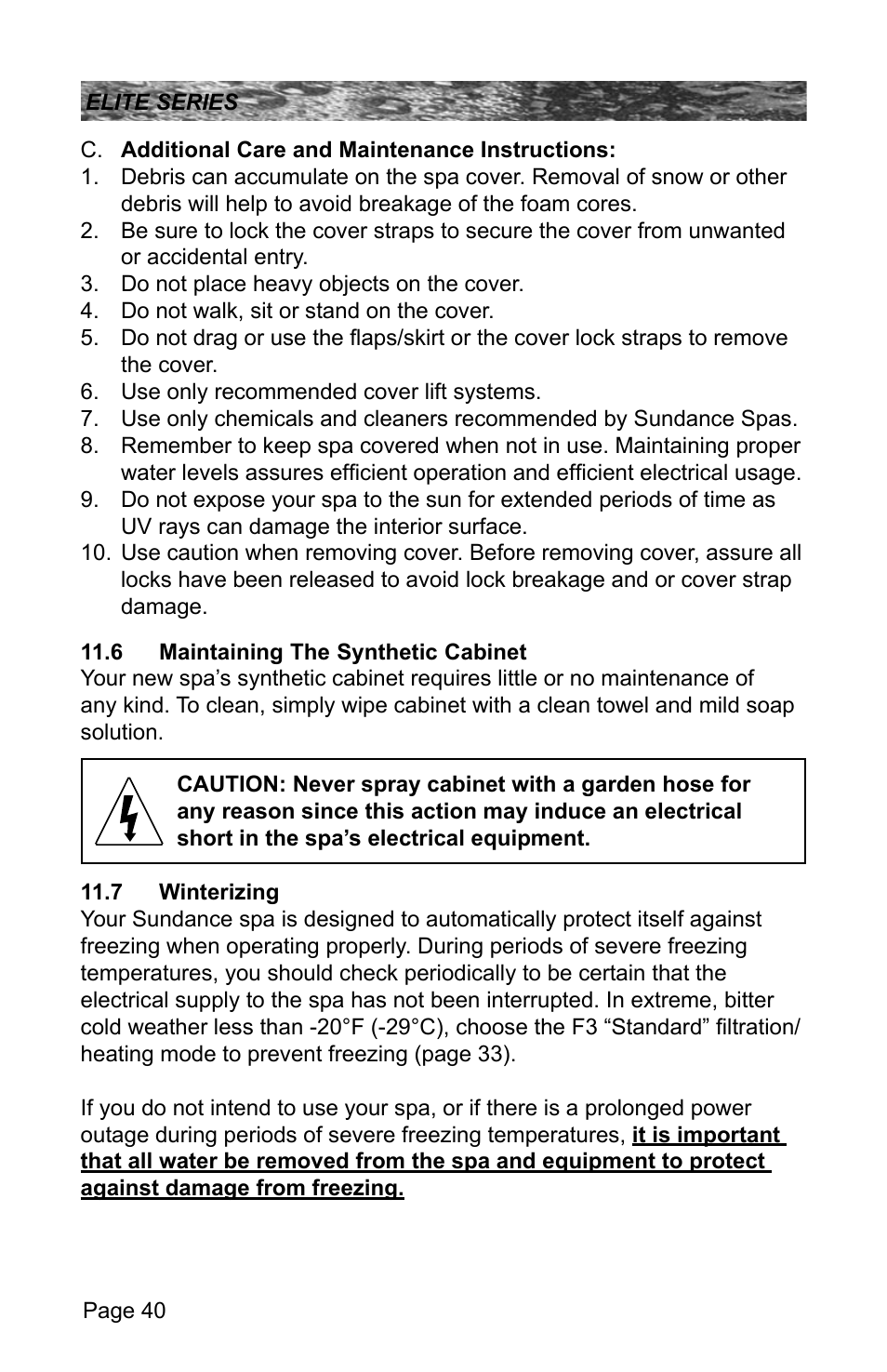 6 maintaining the synthetic cabinet, 7 winterizing, Maintaining the synthetic cabinet | Winterizing | Sundance Spas CONSTANCE 6530-512X User Manual | Page 44 / 72