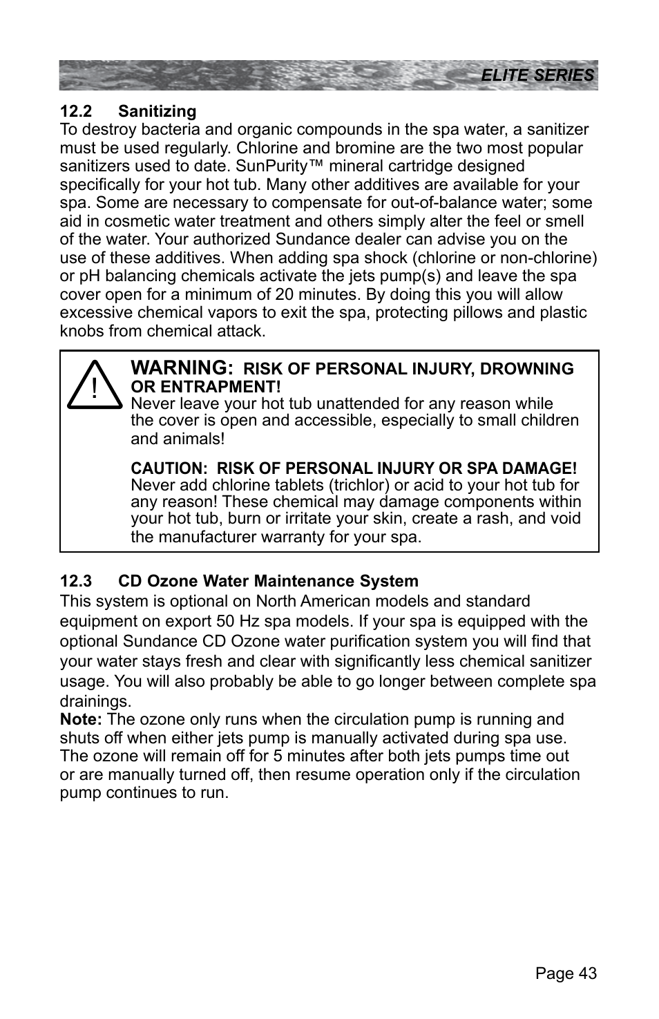 2 sanitizing, 3 cd ozone water maintenance system, Warning | Sundance Spas CONSTANCE 6530-512X User Manual | Page 47 / 72