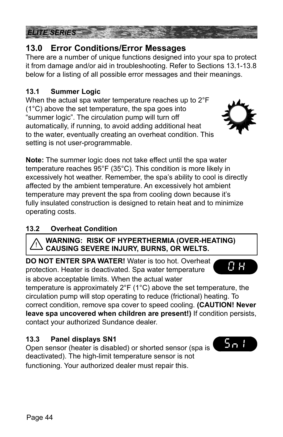 0 error conditions/error messages, 1 summer logic, 2 overheat condition | 3 panel displays sn1 | Sundance Spas CONSTANCE 6530-512X User Manual | Page 48 / 72