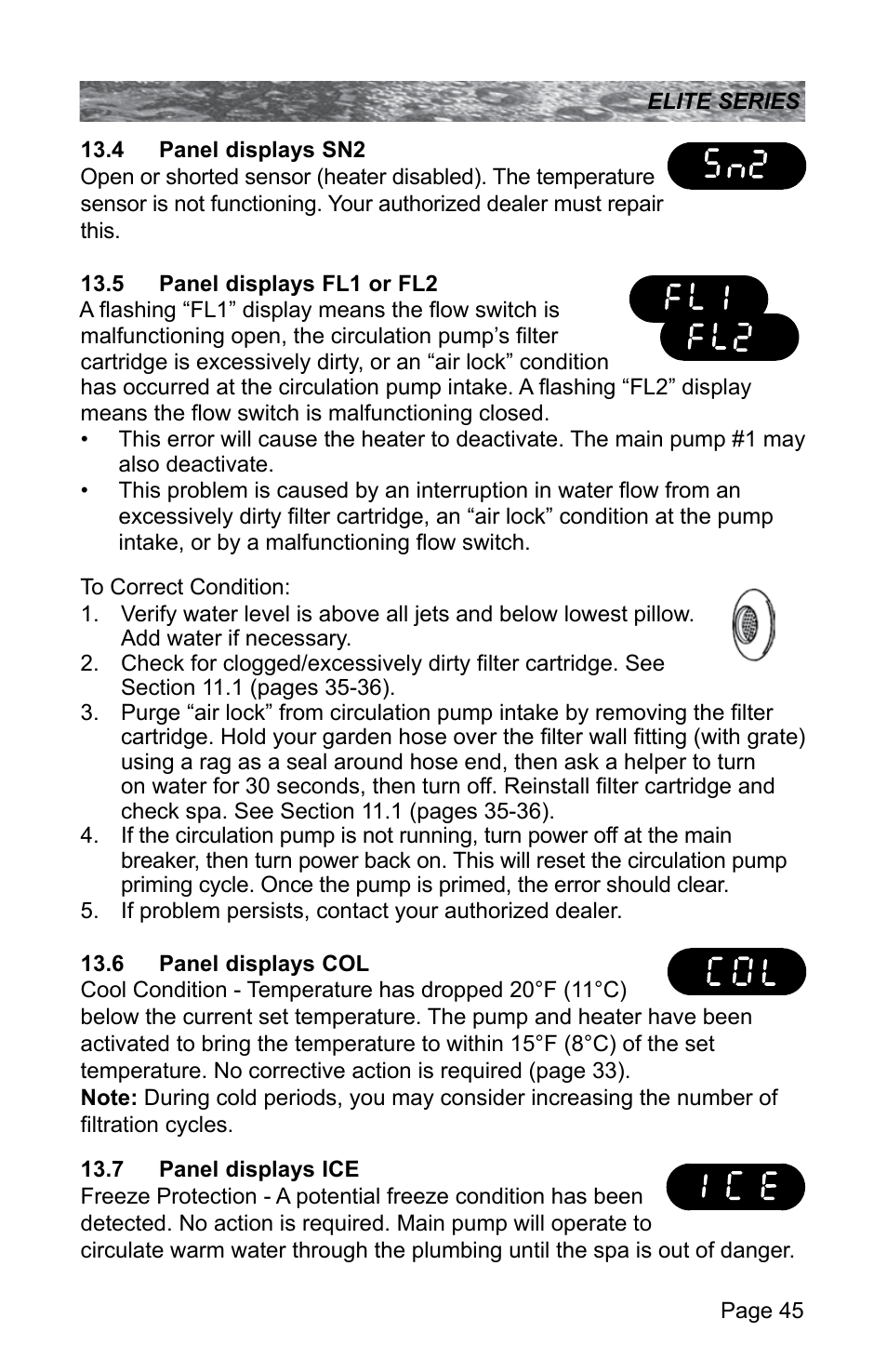 4 panel displays sn2, 5 panel displays fl1 or fl2, 6 panel displays col | 7 panel displays ice, 45 for additional informat | Sundance Spas CONSTANCE 6530-512X User Manual | Page 49 / 72