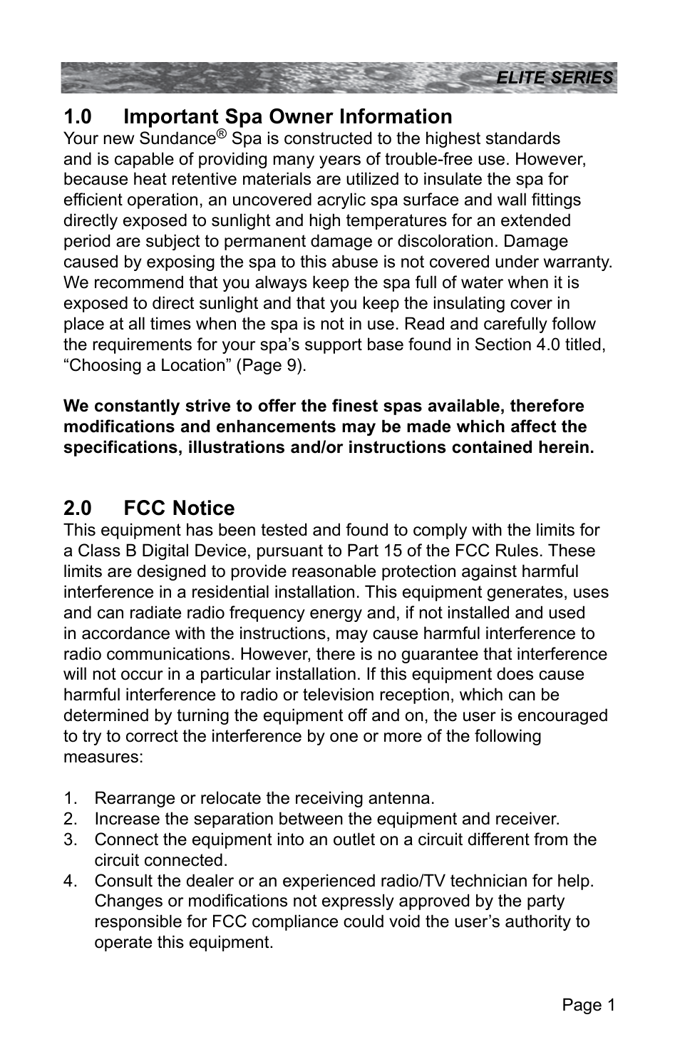 0 important spa owner information, 0 fcc notice, Important spa owner information | Fcc notice | Sundance Spas CONSTANCE 6530-512X User Manual | Page 5 / 72