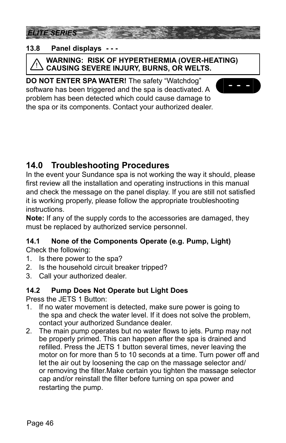 8 panel displays, 0 troubleshooting procedures, 2 pump does not operate but light does | Sundance Spas CONSTANCE 6530-512X User Manual | Page 50 / 72