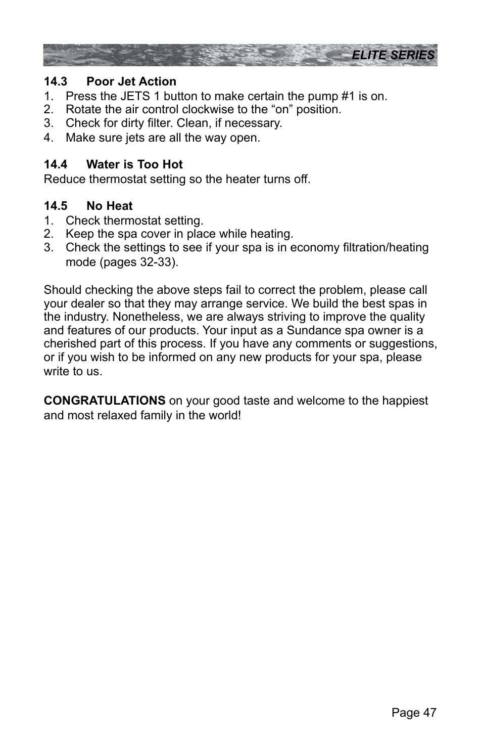 3 poor jet action, 4 water is too hot, 5 no heat | Sundance Spas CONSTANCE 6530-512X User Manual | Page 51 / 72