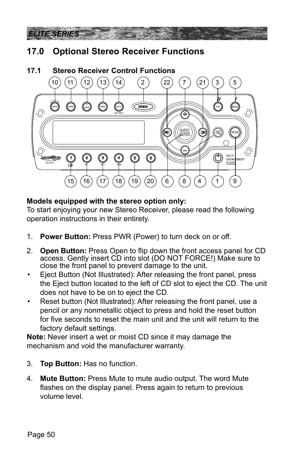 0 optional stereo receiver functions, 1 stereo receiver control functions, Page 50 elite series | Sundance Spas CONSTANCE 6530-512X User Manual | Page 54 / 72