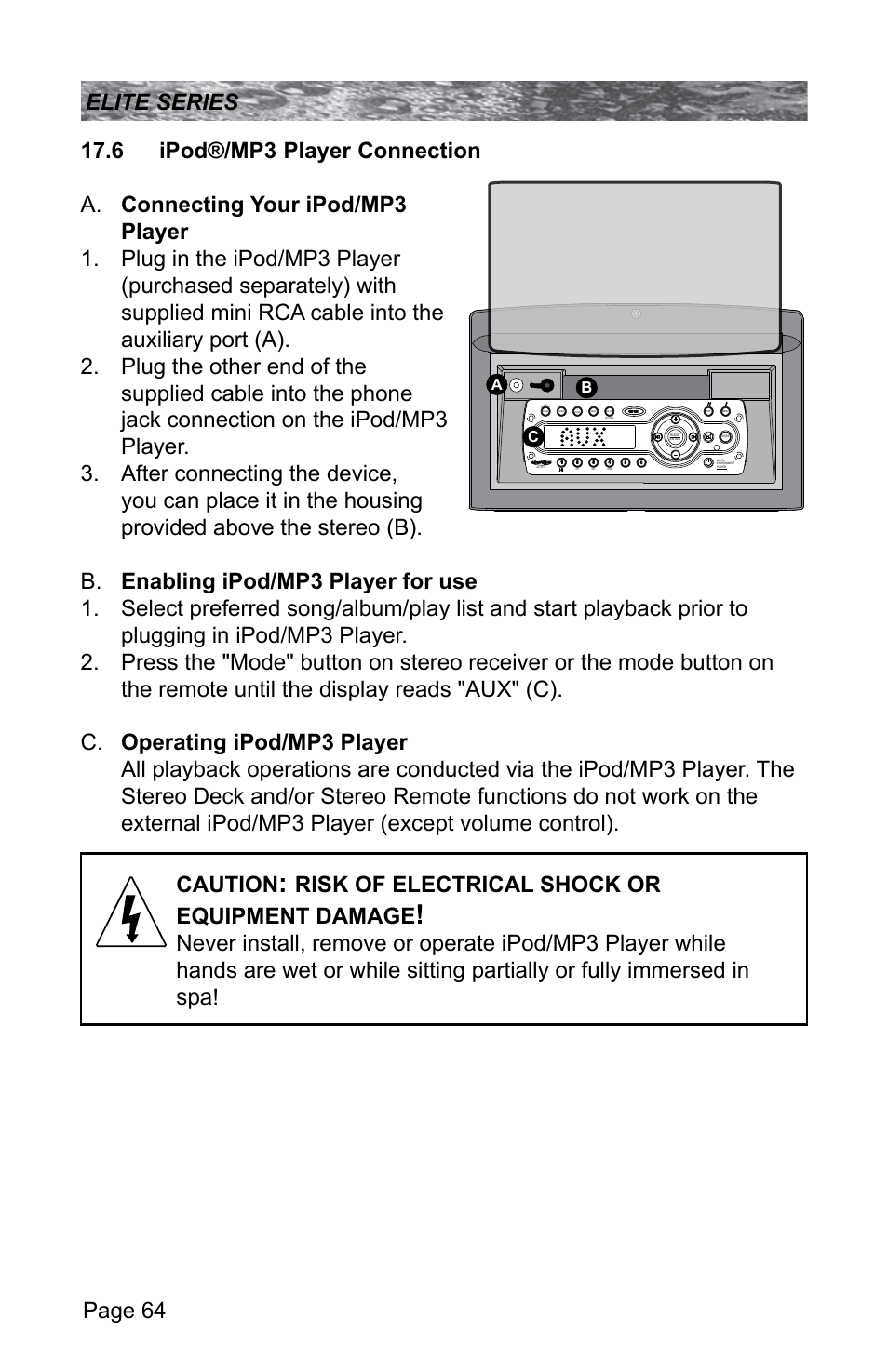 6 ipod®/mp3 player connection, Risk of electrical shock or equipment damage | Sundance Spas CONSTANCE 6530-512X User Manual | Page 68 / 72