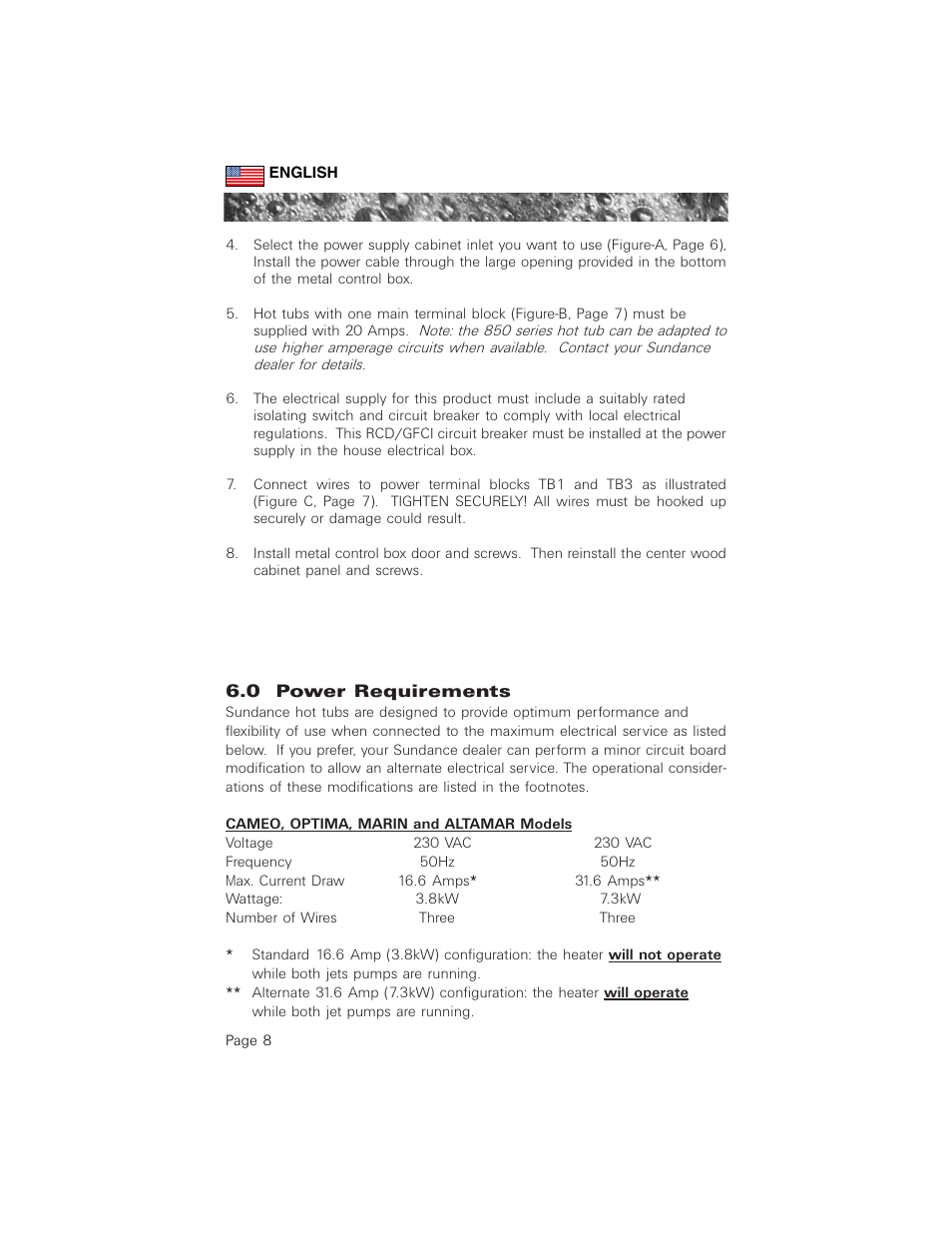 0 power requirements | Sundance Spas 880 User Manual | Page 17 / 50