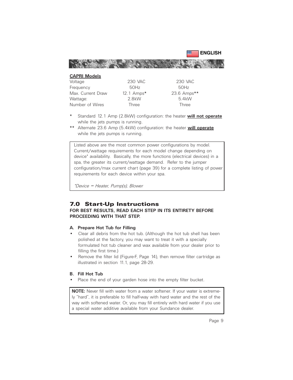 0 start-up instructions, A. prepare hot tub for filling, B. fill hot tub | Sundance Spas 880 User Manual | Page 18 / 50