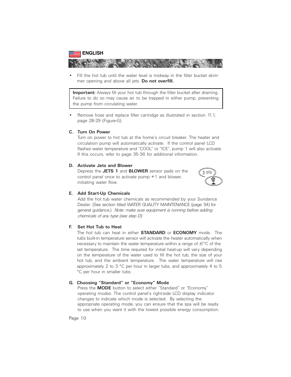 C. turn on power, D. activate jets and blower, E. add start-up chemicals | F. set hot tub to heat, G. choosing “standard” or “economy” mode | Sundance Spas 880 User Manual | Page 19 / 50