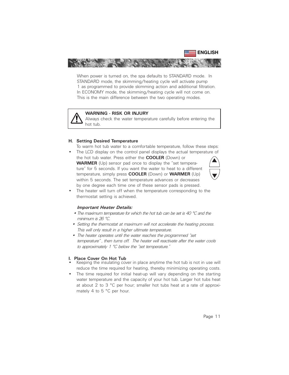 H. setting desired temperature, I. place cover on hot tub | Sundance Spas 880 User Manual | Page 20 / 50