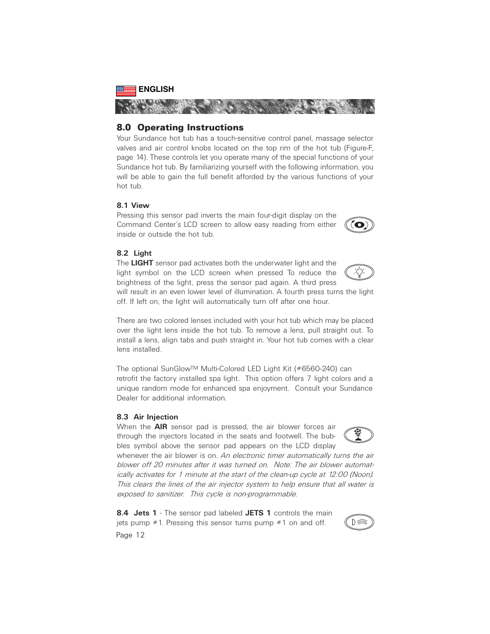 0 operating instructions, 1 view, 2 light | 3 air injection, 4 jets 1 | Sundance Spas 880 User Manual | Page 21 / 50