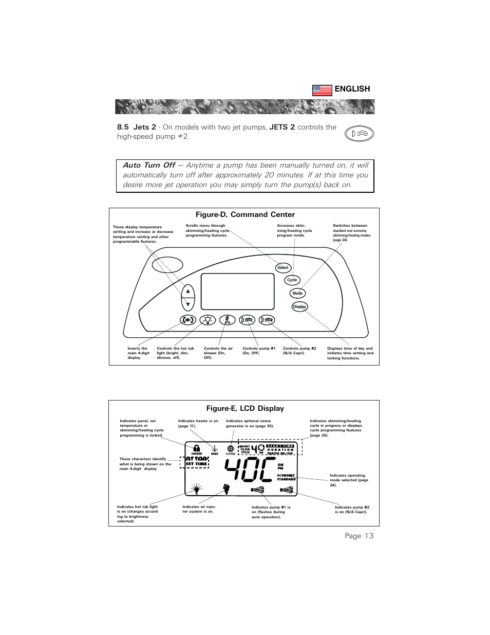 5 jets 2, Figure-d, command center, Figure-e, lcd display | English | Sundance Spas 880 User Manual | Page 22 / 50