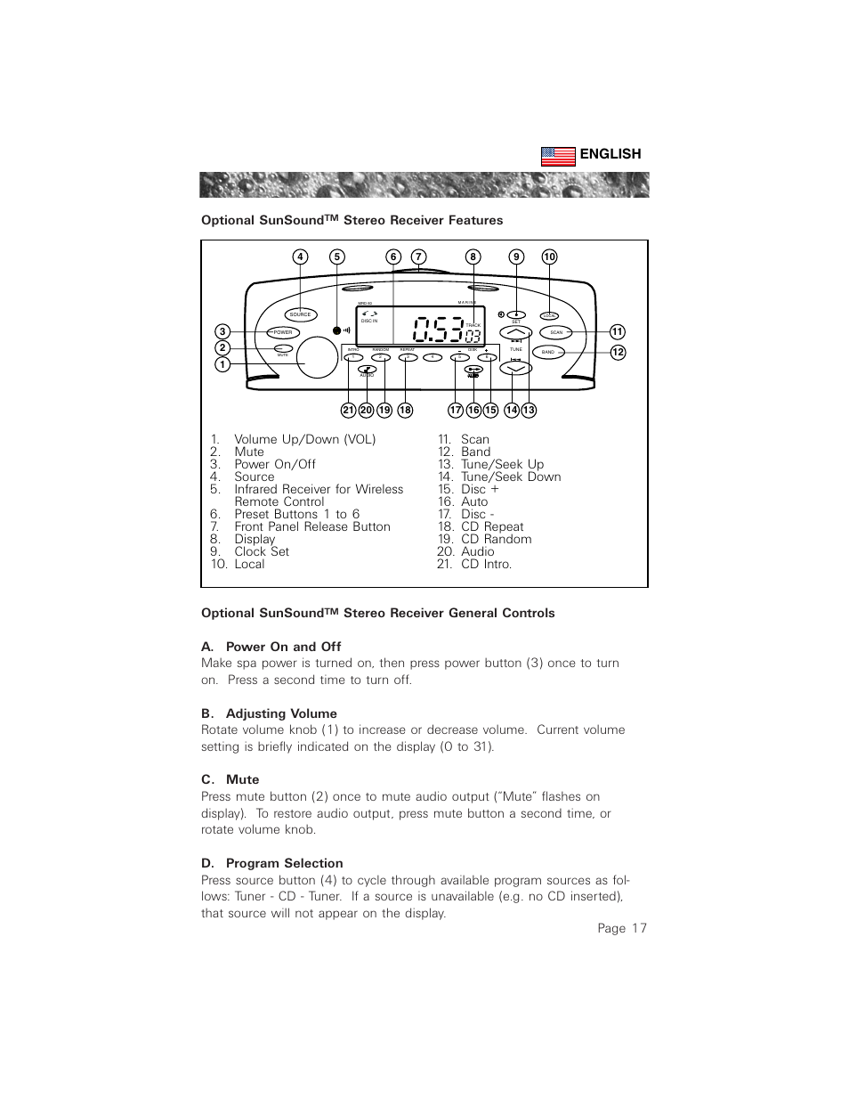 Optional sunsound, Stereo receiver features optional sunsound | Sundance Spas 880 User Manual | Page 26 / 50