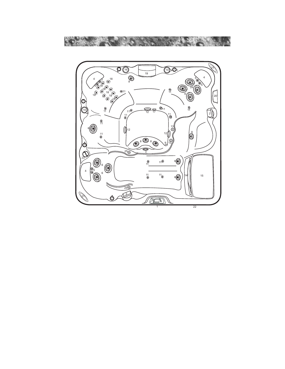 Figure-f, hot tub top view, Location of features varies by model), Page 3 | E e select cycle mode display | Sundance Spas 880 User Manual | Page 3 / 50