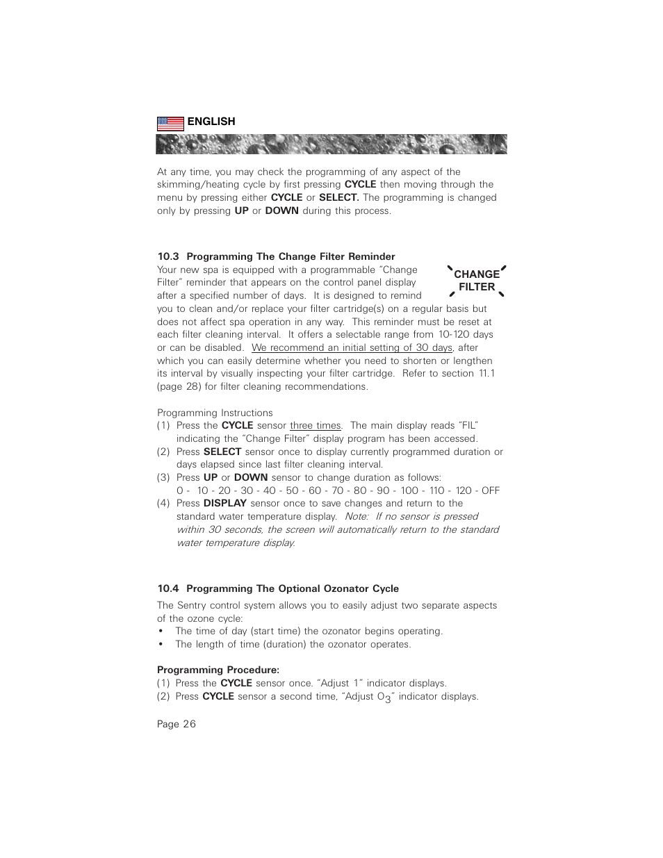 3 programming the change filter reminder, 4 programming the optional ozonator cycle | Sundance Spas 880 User Manual | Page 35 / 50