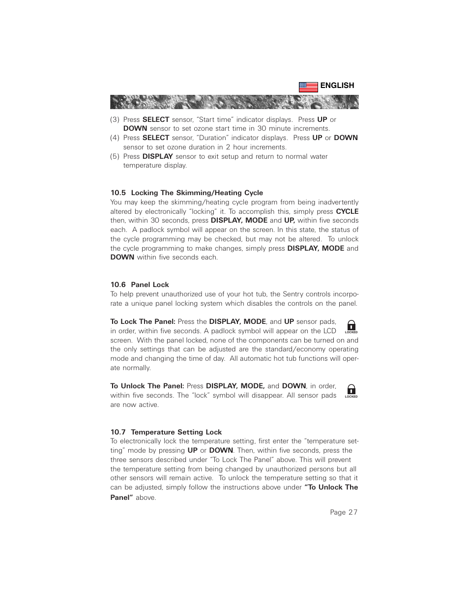 5 locking the skimming/heating cycle, 6 panel lock, 7 temperature setting lock | Sundance Spas 880 User Manual | Page 36 / 50