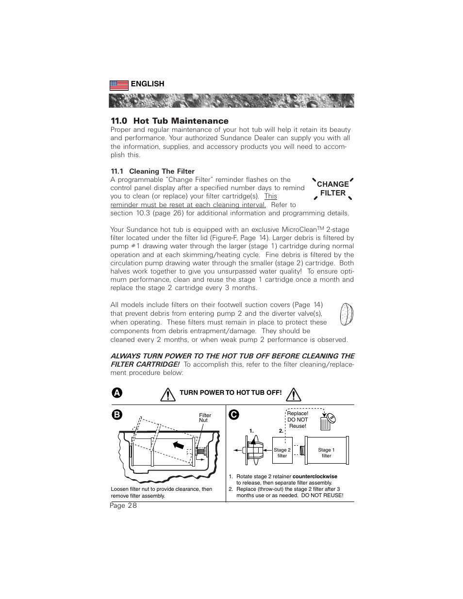 0 hot tub maintenance, 1 cleaning the filter, Ba c | Sundance Spas 880 User Manual | Page 37 / 50