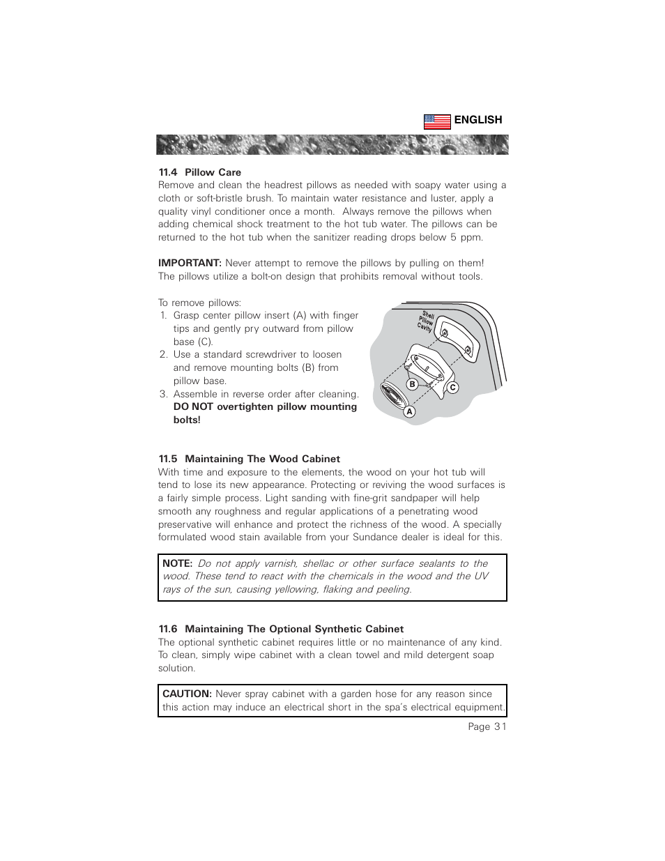 4 pillow care, 5 maintaining the wood cabinet, 6 maintaining the optional synthetic cabinet | Sundance Spas 880 User Manual | Page 40 / 50