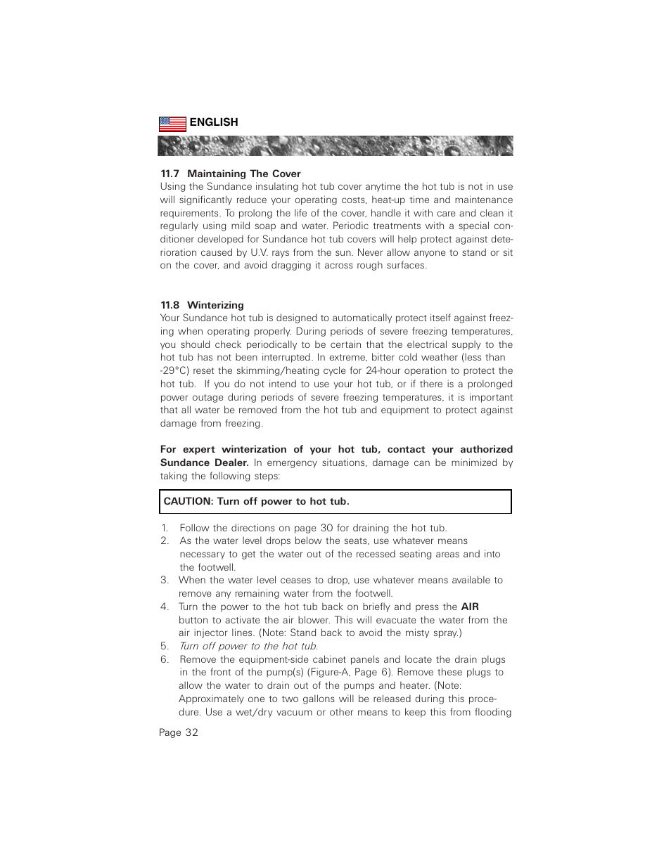 7 maintaining the cover, 8 winterizing | Sundance Spas 880 User Manual | Page 41 / 50