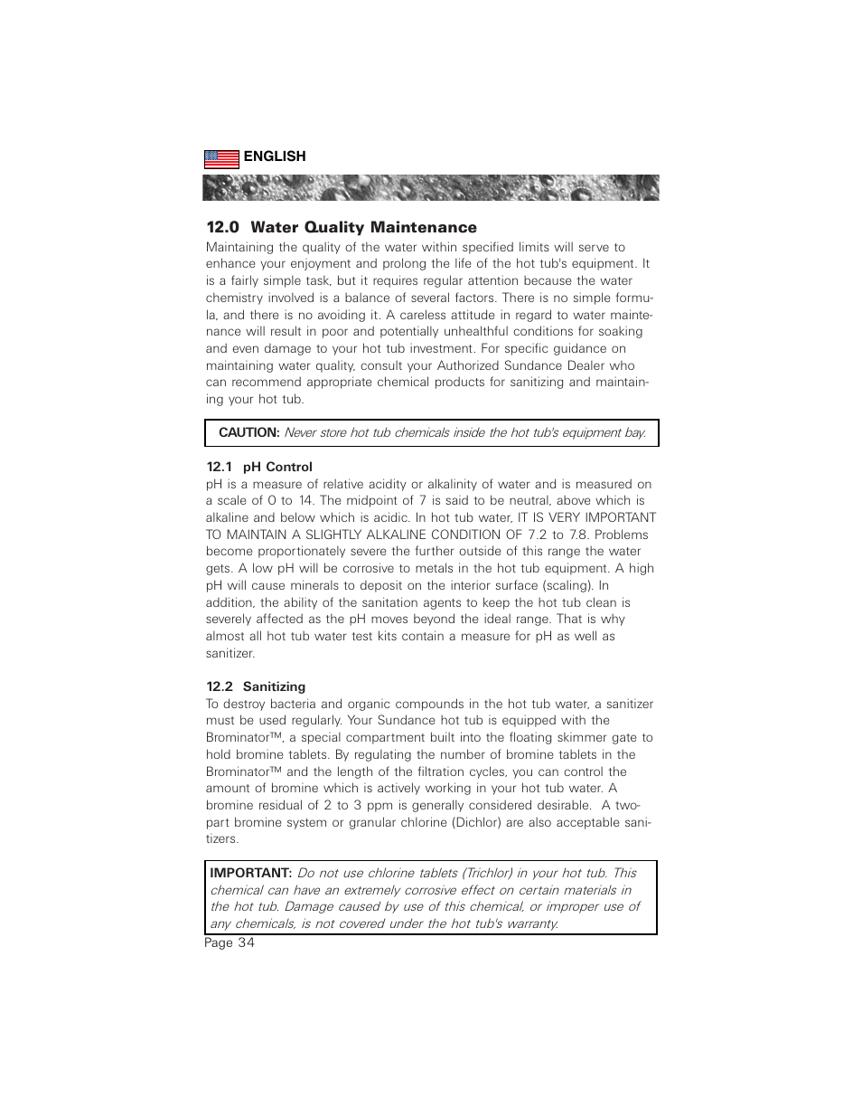 0 water quality maintenance, 1 ph control, 2 sanitizing | Sundance Spas 880 User Manual | Page 43 / 50