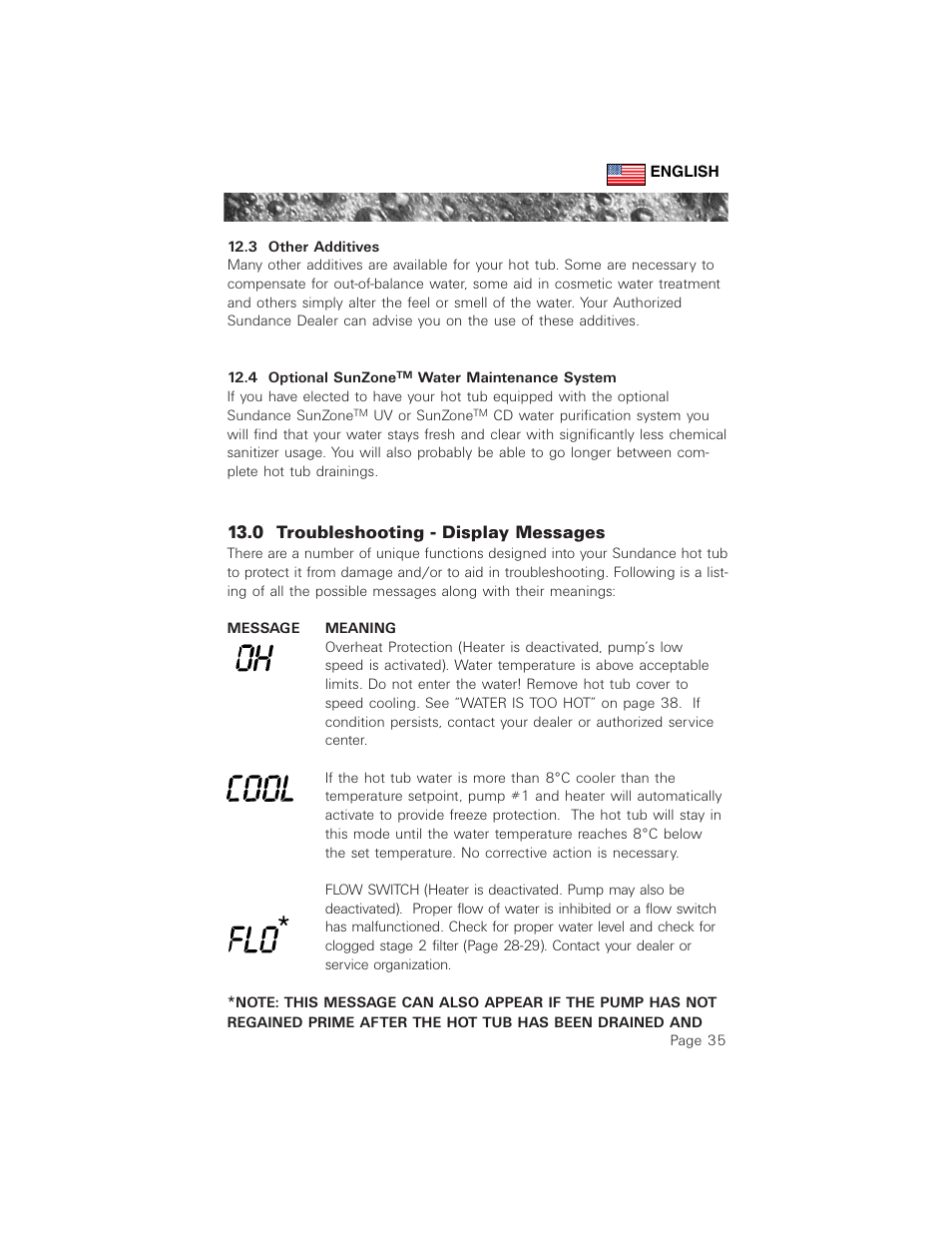 3 other additives, 4 optional sunzonetm water maintenance system, 0 troubleshooting - display messages | Sundance Spas 880 User Manual | Page 44 / 50