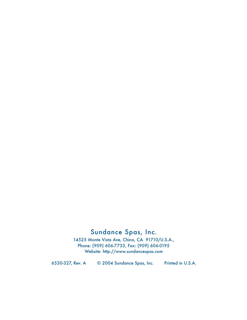 Rear cover/company address, Sundance spas, inc | Sundance Spas 880 User Manual | Page 50 / 50