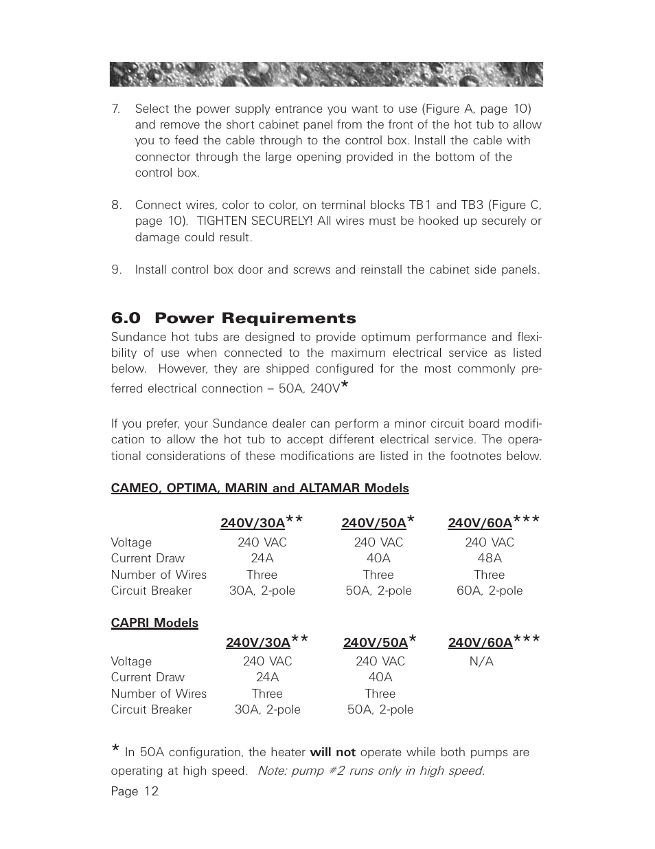 0 power requirements, Cameo, optima, marin and altamar models, Capri models | Power requirements | Sundance Spas 850 User Manual | Page 16 / 52