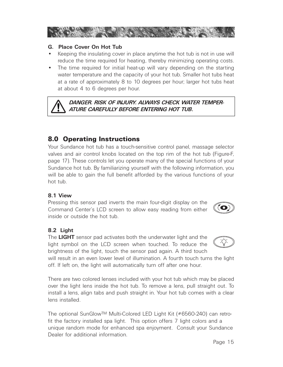 G. place cover on hot tub, 0 operating instructions, 1 view | 2 light, Operating instructions, View, Sunglow, Light | Sundance Spas 850 User Manual | Page 19 / 52