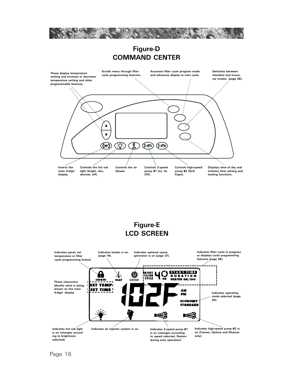 Figure-d command center, Figure-e lcd screen, Figure-e lcd screen figure-d command center | Page 16 | Sundance Spas 850 User Manual | Page 20 / 52