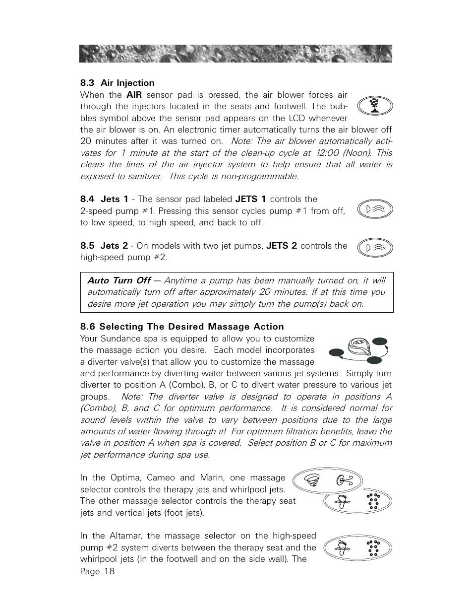 3 air injection, 4 jets 1, 5 jets 2 | 6 selecting the desired massage action, Air injection, Jets 1, Jets 2, Selecting the desired massage action | Sundance Spas 850 User Manual | Page 22 / 52