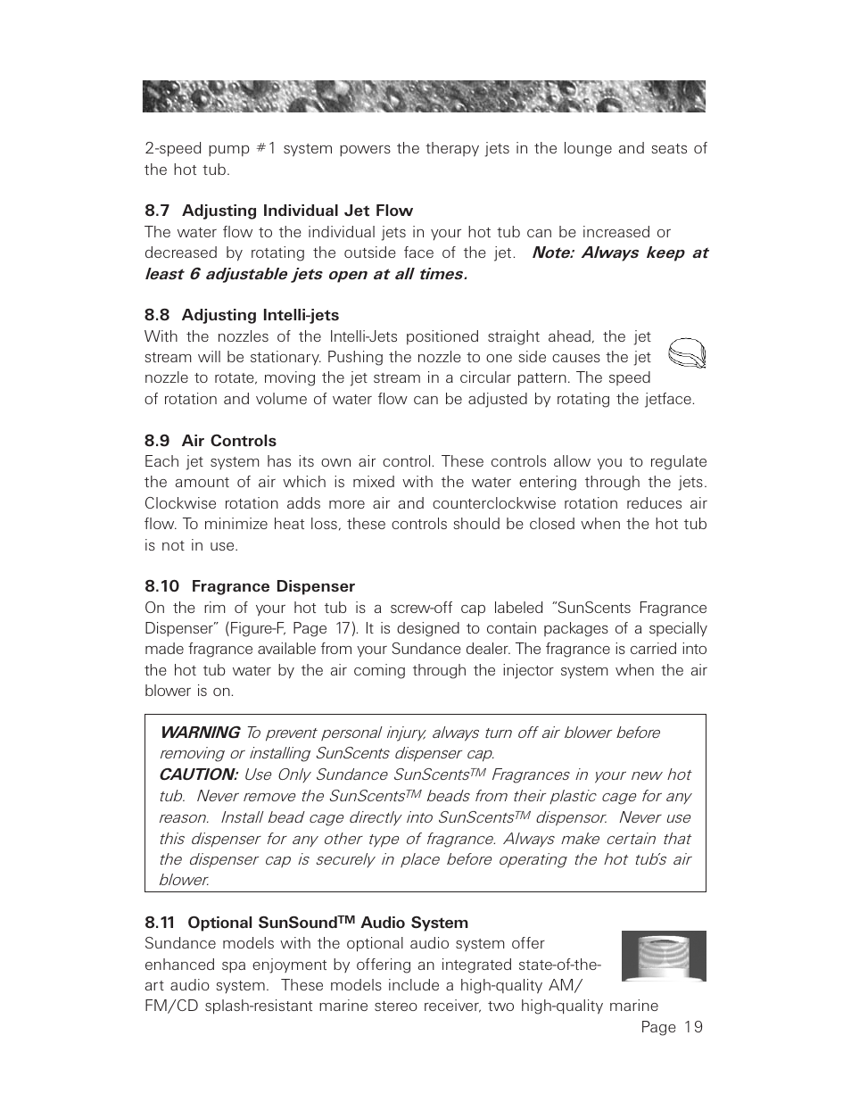 7 adjusting individual jet flow, 8 adjusting intelli-jets, 9 air controls | 10 fragrance dispenser, 11 optional sunsound tm audio system, Adjusting individual jet flow, Adjusting intelli-jets, Air controls, 10 fragrance dispenser 8.11 optional sunsound, Audio system | Sundance Spas 850 User Manual | Page 23 / 52