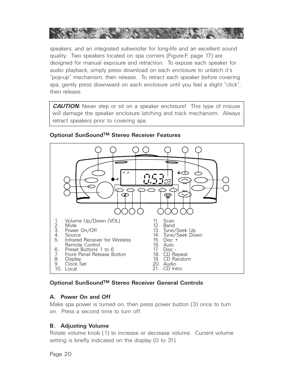 A. power on and off, B. adjusting volume, Stereo receiver features optional sunsound | Page 20 | Sundance Spas 850 User Manual | Page 24 / 52