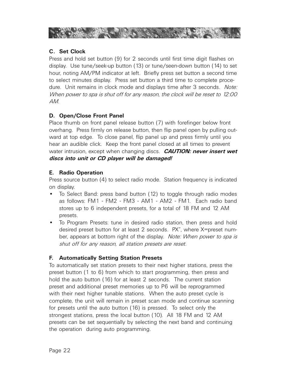 C. set clock, D. open/close front panel, E. radio operation | F. automatically setting station presets | Sundance Spas 850 User Manual | Page 26 / 52