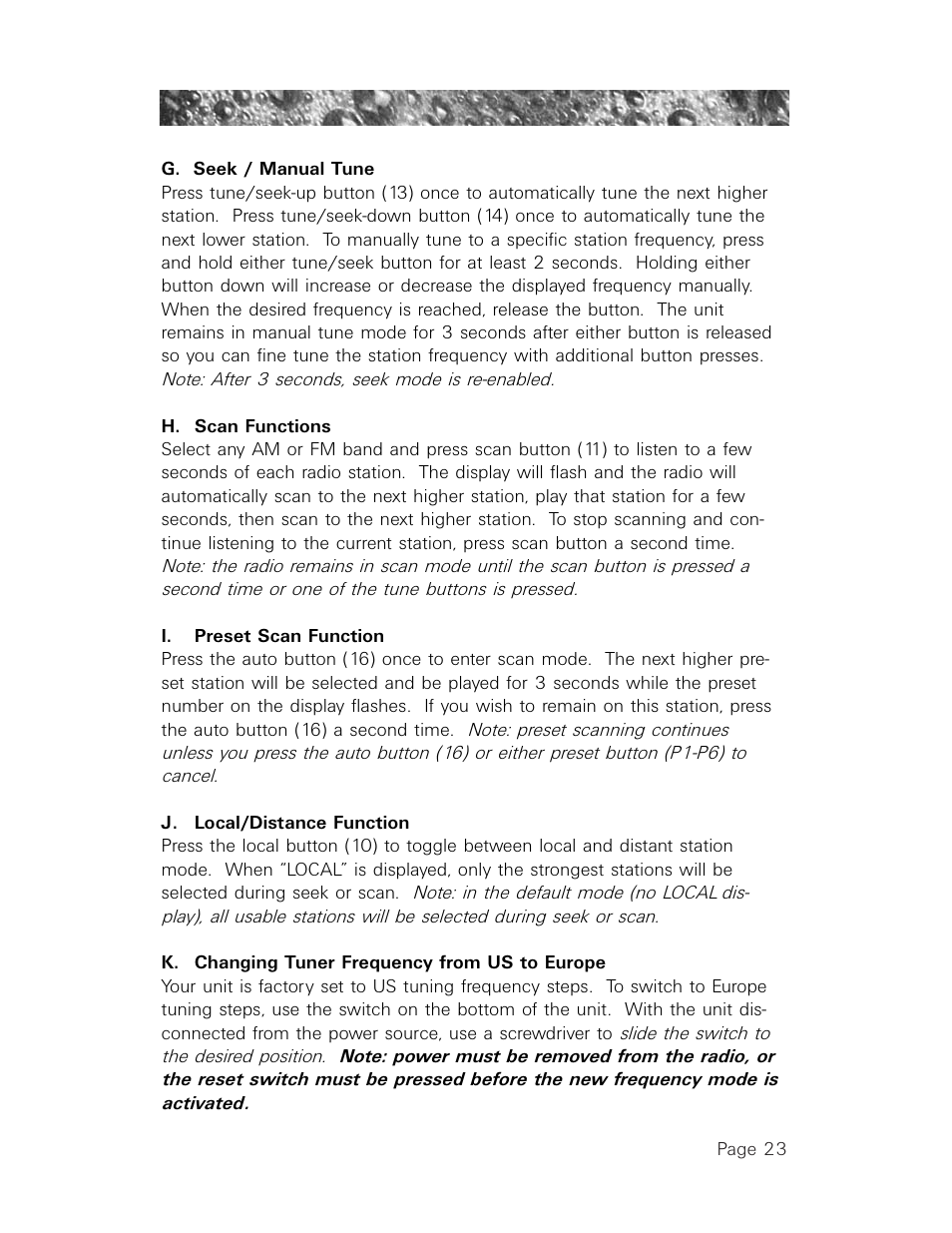 G. seek / manual tune, H. scan functions, I. preset scan function | J. local/distance function, K. changing tuner frequency from us to europe | Sundance Spas 850 User Manual | Page 27 / 52