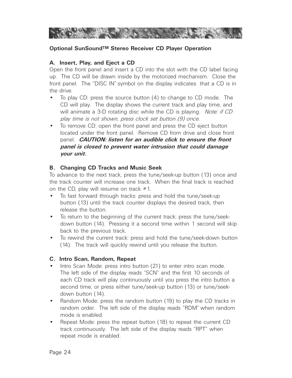 A. insert, play, and eject a cd, B. changing cd tracks and music seek, C. intro scan, random, repeat | Sundance Spas 850 User Manual | Page 28 / 52