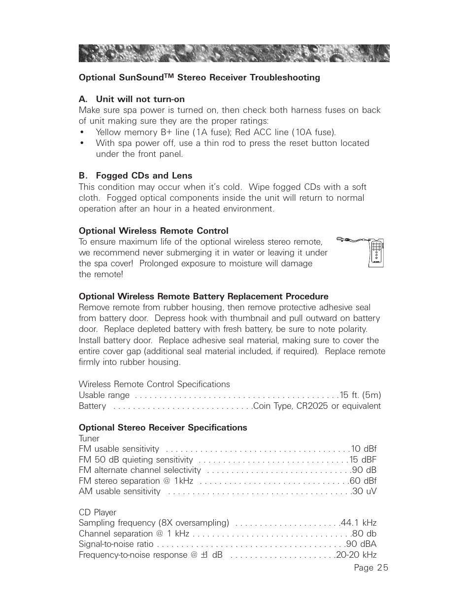 A. unit will not turn-on, B. fogged cds and lens, Optional wireless remote control | Optional stereo receiver specifications | Sundance Spas 850 User Manual | Page 29 / 52